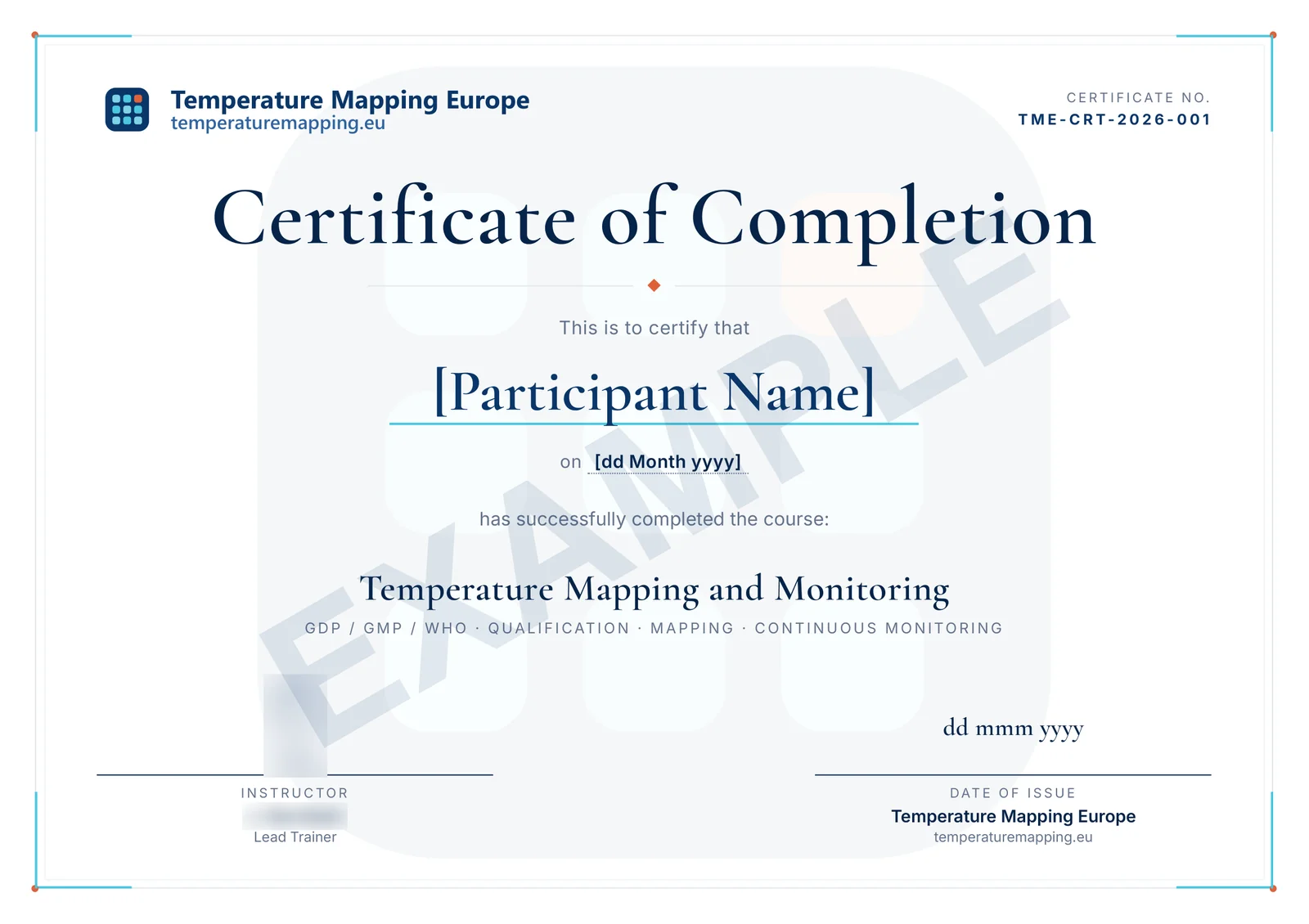 Exemple de certificat de participation à la formation cartographie des températures et surveillance, avec le nom du participant, la date, le nom du cours et Temperature Mapping Europe comme émetteur