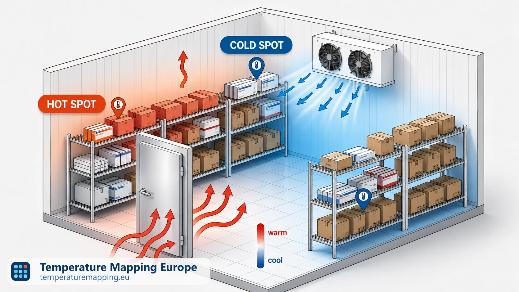Kühlraum-Schnittansicht mit Hotspots und Coldspots: kalter Jet aus dem Verdampfer, warme Einströmung an der Tür und warme Schicht unter der Decke. Datenlogger an den wärmsten und kältesten Produktpositionen.
