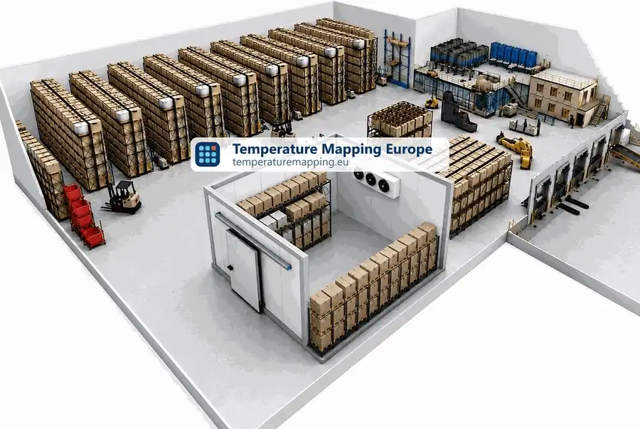 Animation: Hotspots (rot) und Coldspots (blau) in einem 3D-Lager mit Kühlraum während einer Sommersituation. Außenwärme dringt durch Wände und Dach ein; der Kühlraum bleibt kalt.