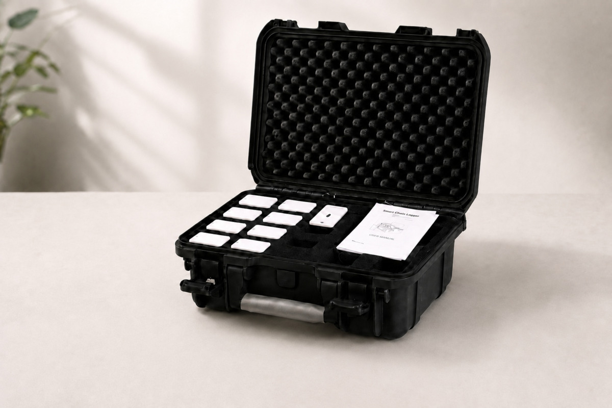 Open loggerkoffer met gekalibreerde temperatuurloggers, handleiding, S-haken en tie-wraps