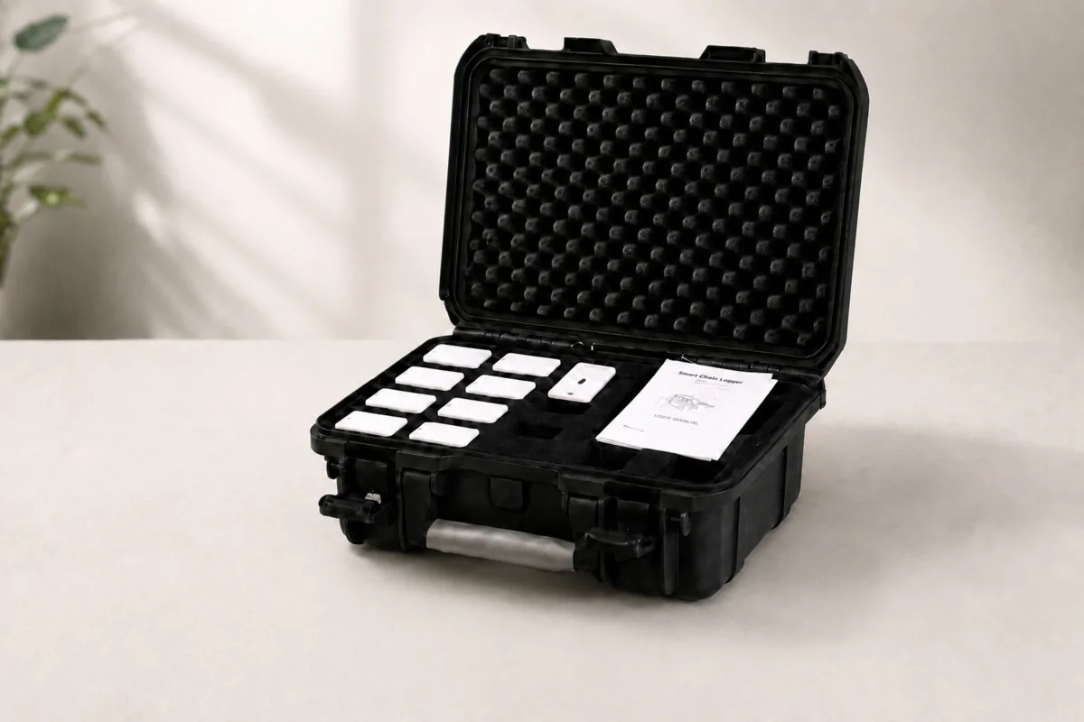 Open logger case with calibrated temperature loggers, instruction sheet, S-hooks and tie-wraps