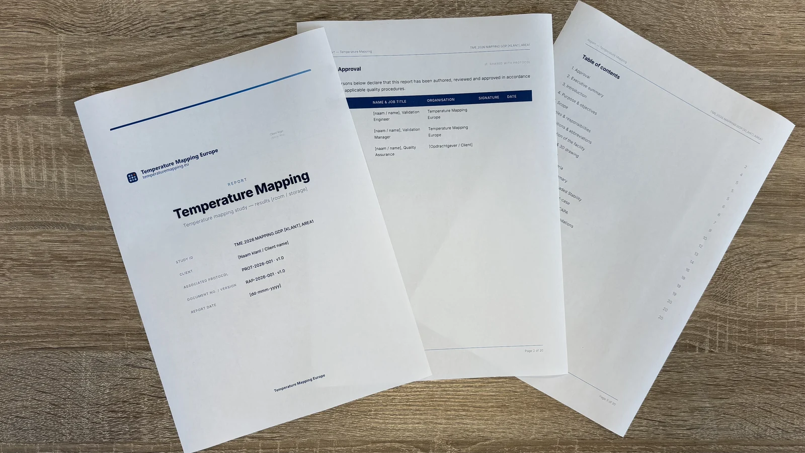 Printed sample dossier: cover page, approval page and table of contents fanned out on a desk.