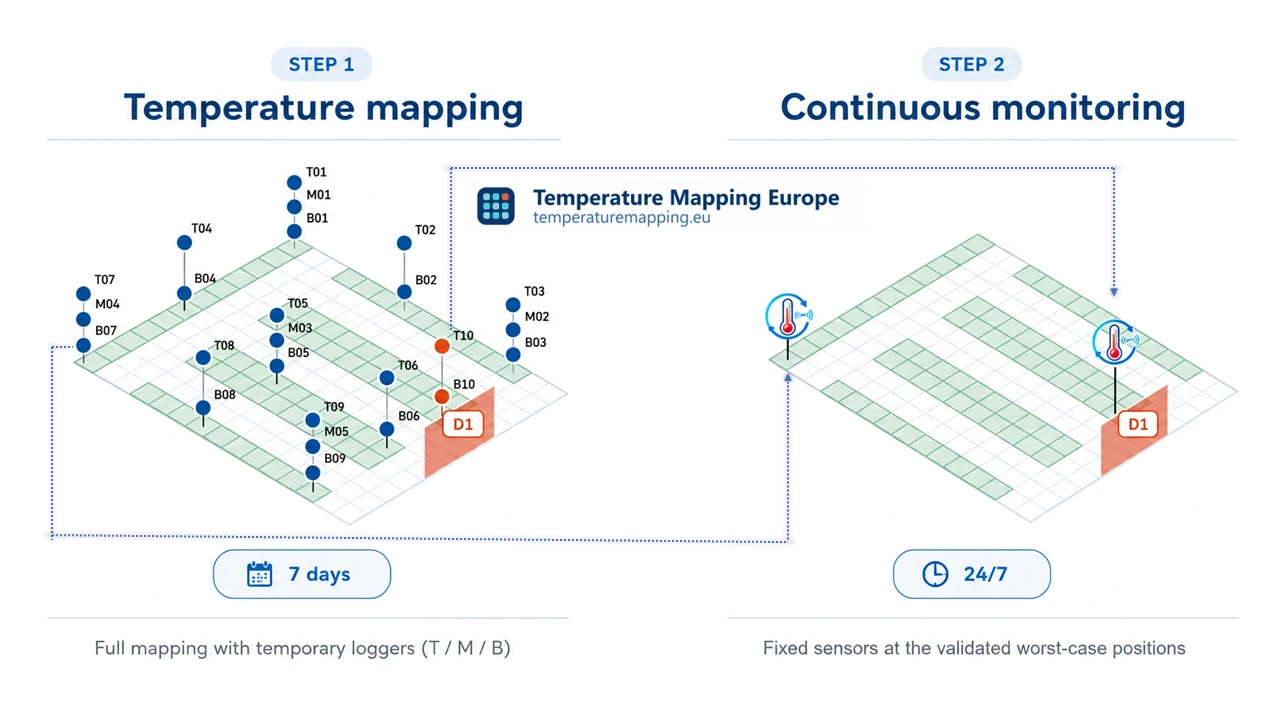 Comparison between temperature mapping and continuous monitoring: mapping uses temporary loggers to find critical positions, after which monitoring permanently tracks those points using fixed sensors.