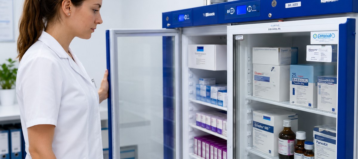 Apothekenkühlschrank mit Arzneimitteln auf Regalböden.