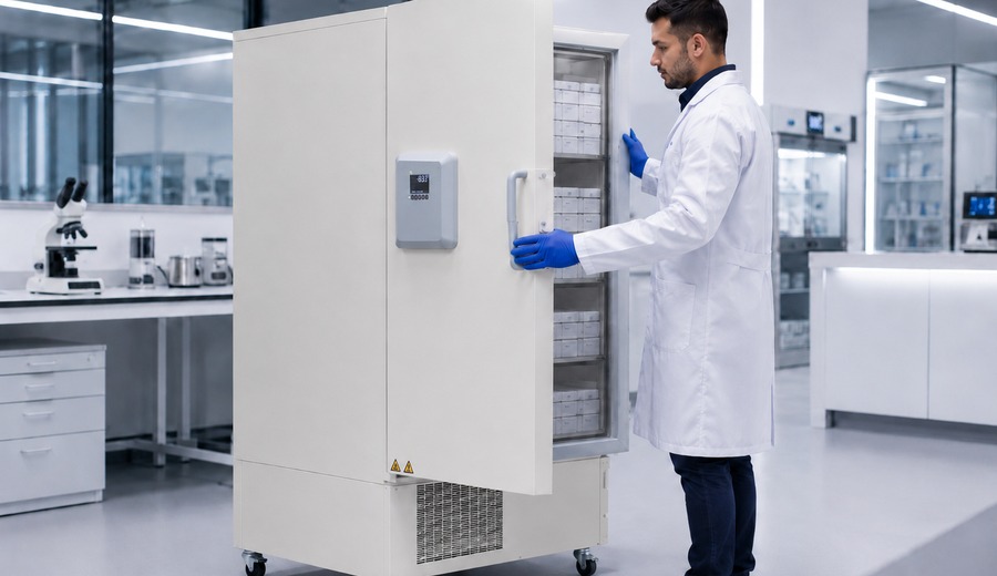 Labormitarbeiter an einem -80 °C Gefrierschrank.