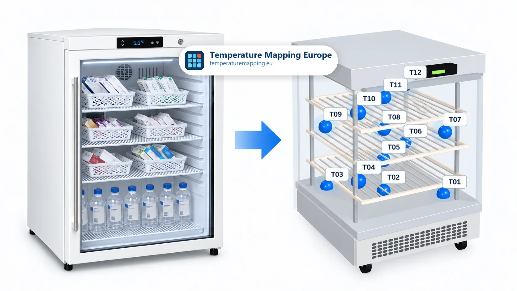 Pharmacy fridge (medicine refrigerator) with a 3D cutaway view showing 12 data logger positions (T01 to T12) across shelves for temperature mapping.