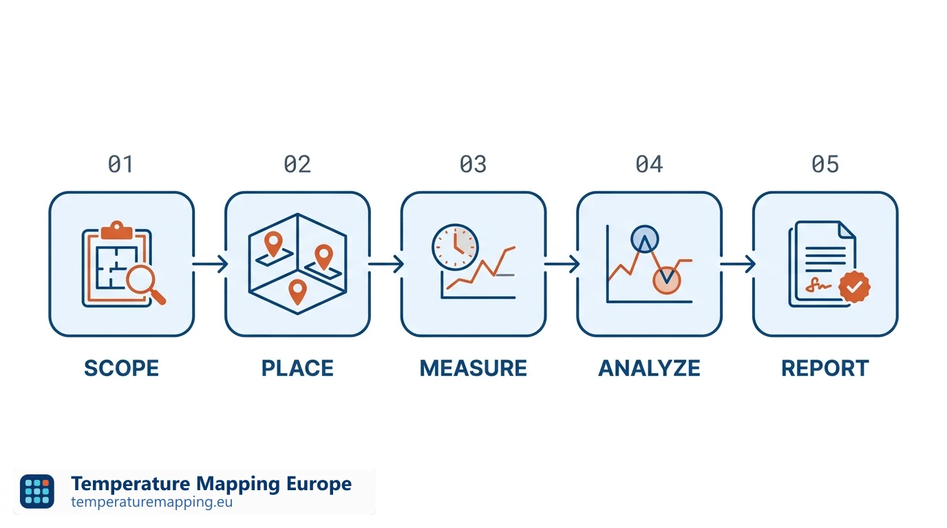 Temperatuurmapping in vijf stappen: scope bepalen, loggers plaatsen, meten, analyseren en rapporteren.